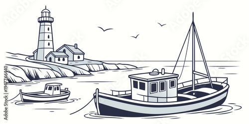 A boat is sailing near a lighthouse by the sea Vector