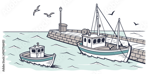 Boats are docked at a pier by the sea Vector