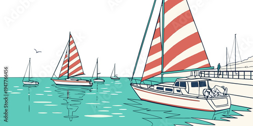 A group of sailboats on the water with red and white sails Vector
