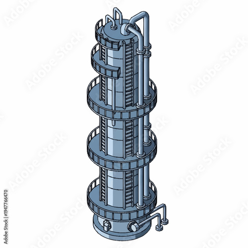 Isometric illustration of a tall industrial distillation column.