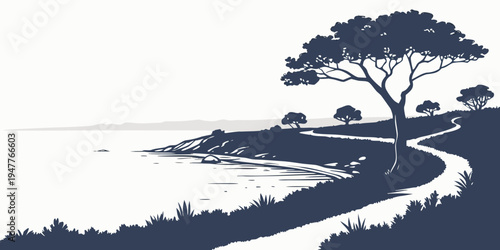 A winding road along a serene coastal landscape with trees Vector