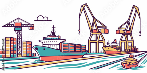 A cargo ship and cranes at a port with containers Vector