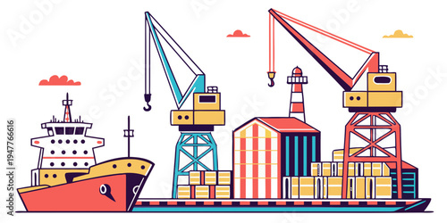 A cargo ship with cranes and containers on a dock Vector