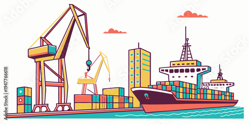 A cargo ship and cranes at a port with containers Vector