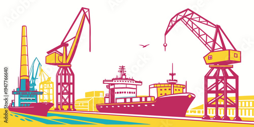 A cargo ship and cranes at a port facility Vector