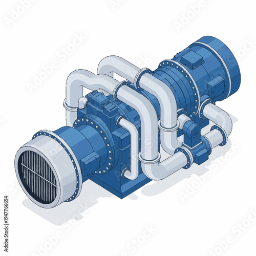 Isometric illustration of a complex industrial gas turbine engine with intricate piping and a large intake fan, showcasing advanced engineering and mechanical systems.