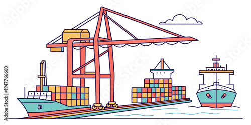 Cargo ship and crane loading containers at port Vector