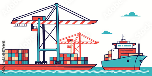 Cargo ship with containers and cranes at port Vector