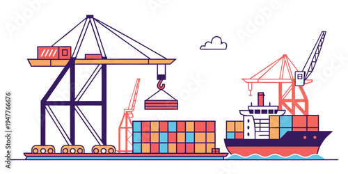 A cargo ship with containers and cranes at a port Vector