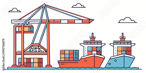 Cargo ship and crane at a port facility Vector