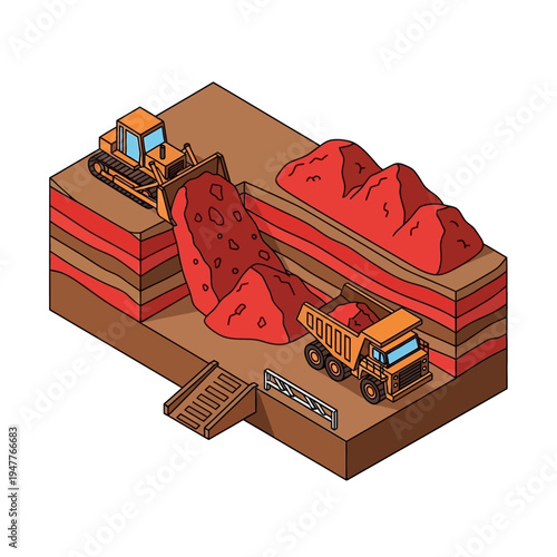 Isometric illustration of a construction site with a bulldozer and dump truck excavating and transporting red soil layers.