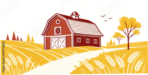 A red barn with a white roof sits in a field Vector