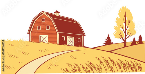 A red barn on a rural landscape with a tree Vector
