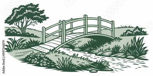 A small wooden bridge over a stream in a park Vector