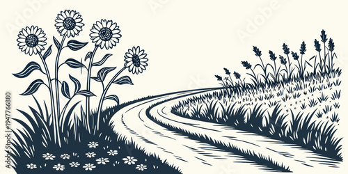 A winding road through a field with dandelions Vector