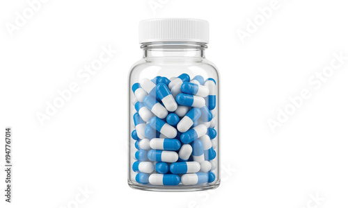 Obraz na płótnie Glass bottle filled with blue and white capsules on transparent background