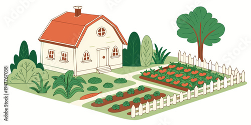 A house with a garden and a fence Vector