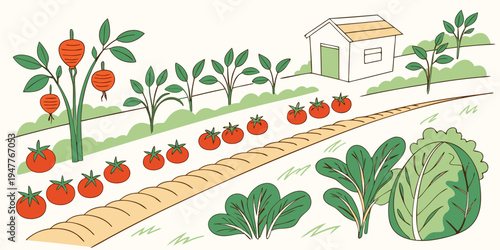 A garden with rows of vegetables and a house Vector