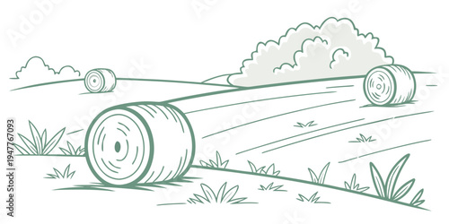 A green line drawing of a hay bale in a field Vector