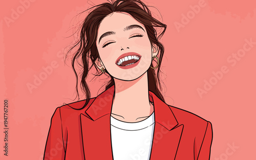 A woman with long hair smiles widely while wearing a red jacket and a white shirt in front of a pink background.