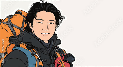 A person stands outdoors in a cold environment while wearing climbing gear and holding equipment. The sun shines brightly as he poses.