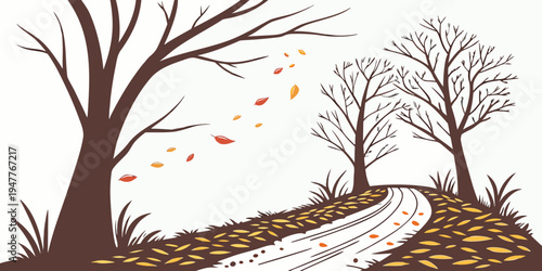 A dirt road lined with bare trees on an autumn day Vector