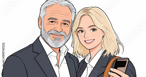 A man and a woman smile and take a selfie together in a studio environment. Both are dressed in formal clothes and look happy.