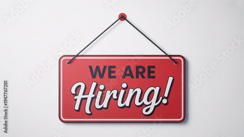 Red rectangular sign declares 'We Are Hiring!' hanging by a string on a wall.