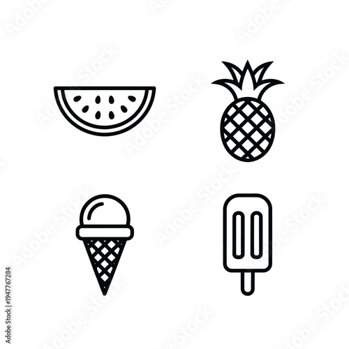 Simple line art illustration of a watermelon pineapple ice cream and popsicle