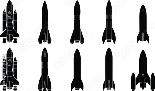 Set of black silhouette rocket ship icons and vintage spacecraft illustrations on white background for science fiction aerospace design and outer space exploration