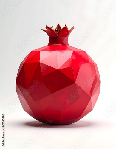Geometric Red Pomegranate Sculpture on White Background, Modern Art.