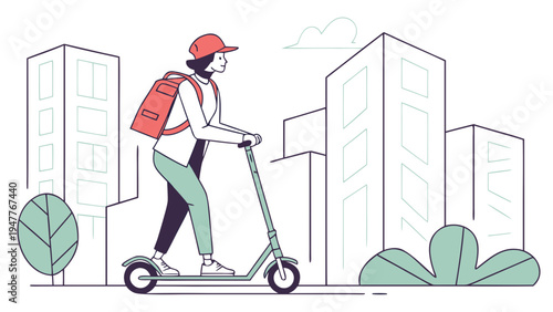 Person riding electric scooter in modern city street with buildings and urban greenery illustrating eco friendly transportation and sustainable mobility