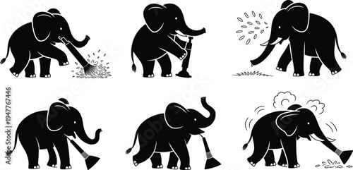 Set of cute elephant silhouettes performing household chores using their trunks as a vacuum cleaner, rake, plunger, and garden hose for cleaning and maintenance concepts.