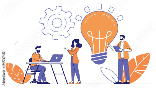 Team generating creative idea with glowing light bulb symbolizing innovation brainstorming collaboration and startup development