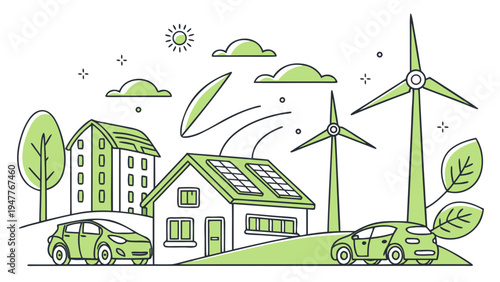 Green eco city with renewable energy including wind turbines solar panels electric cars and sustainable buildings in environmentally friendly urban landscape