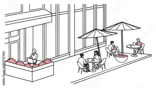 People sitting at outdoor cafe terrace near modern building enjoying coffee and socializing in relaxed urban environment