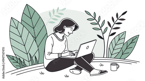 Woman working on laptop outdoors surrounded by plants illustrating remote work freelance lifestyle and creative productivity in calm natural environment