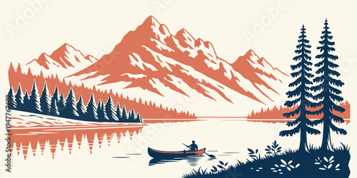 A serene mountain lake scene with a canoe and trees Vector