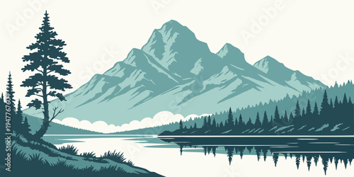 A serene lake scene with mountains and trees Vector