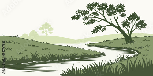 A tree stands by a winding river in a green landscape Vector