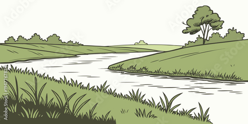 A river running through a green landscape Vector
