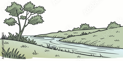A small stream running through a green landscape Vector