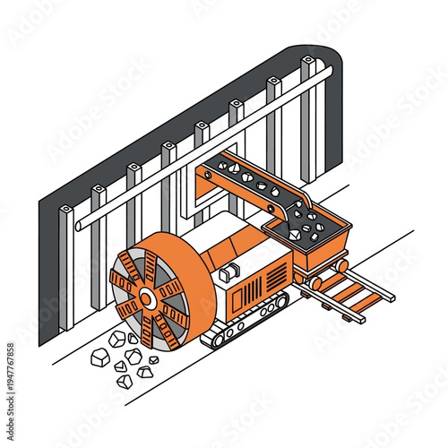 Illustration of a tunnel boring machine excavating rock and loading it onto a conveyor belt for transport.