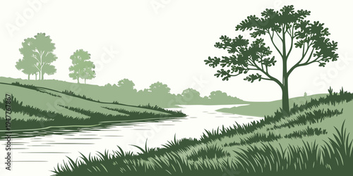 A serene landscape with a tree on a grassy hill by a river Vector