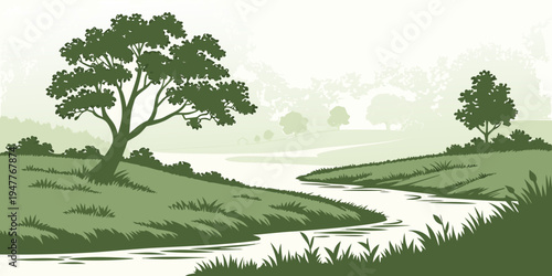 A serene landscape with a winding river and trees Vector