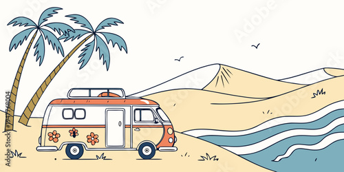 A camper van parked on a beach next to palm trees Vector