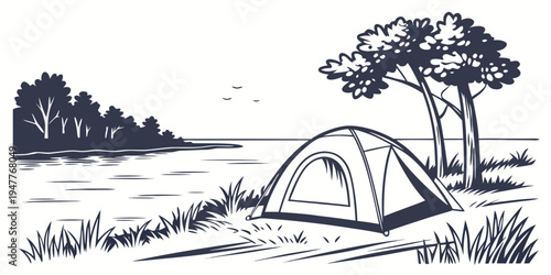 A tent pitched next to a tree by a serene lake Vector