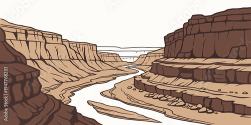 A river runs through a canyon with steep cliffs Vector