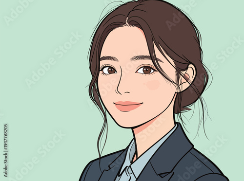 A woman with brown hair wears a suit and smiles softly at the viewer. The background is light green, creating a simple setting.