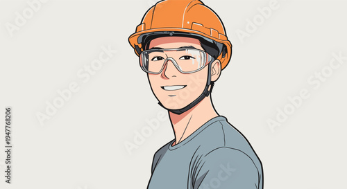 A construction worker stands confidently with a hard hat and safety glasses, ready for work on a construction site during the day.